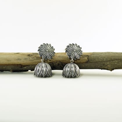 Styllish Oxidised Silver-Toned Floral Jhumka Earrings