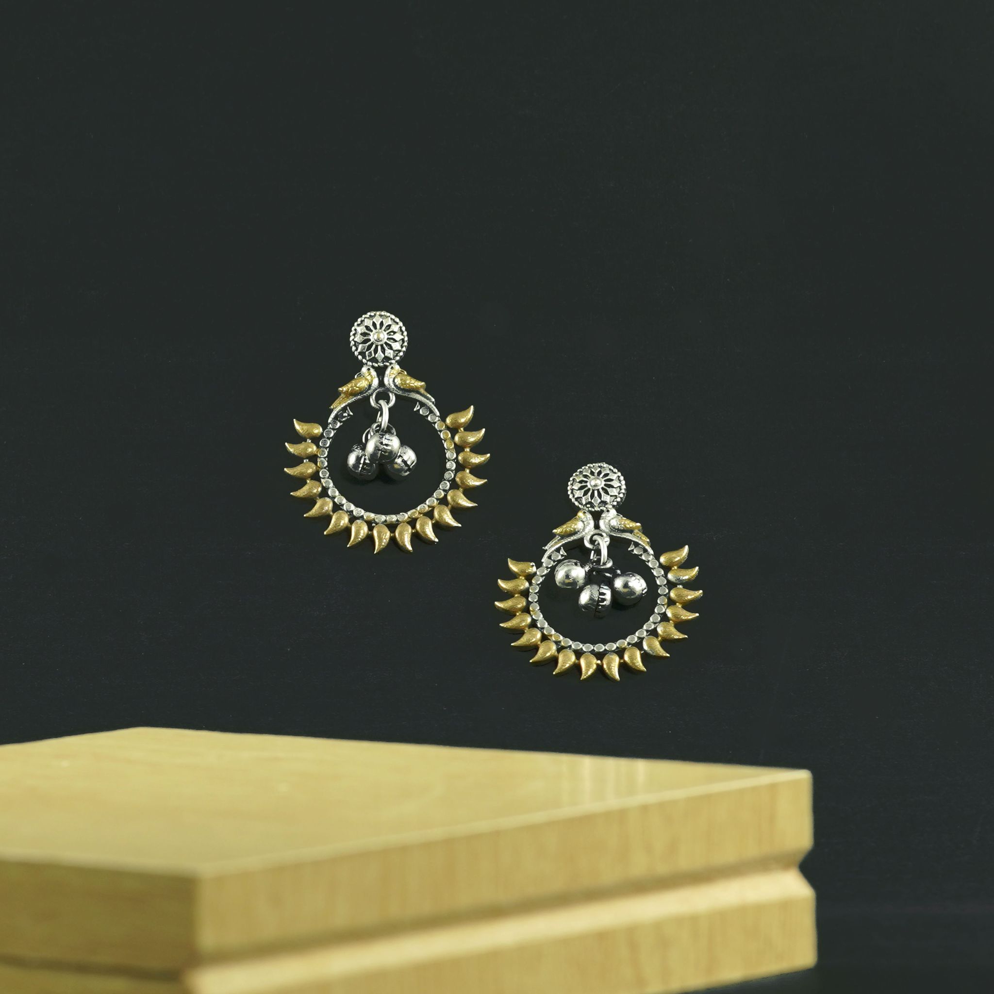 Dual Tone  Studded Silver Oxidised with Antique Finish Earrings