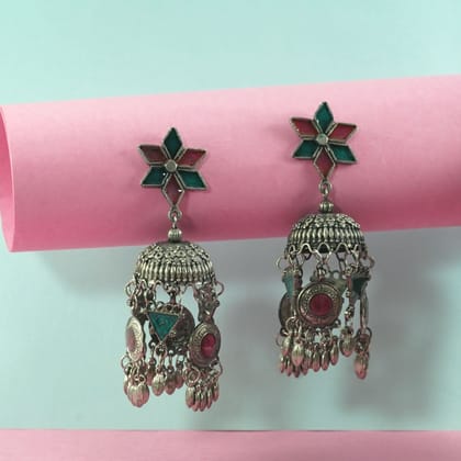 Handcrafted Pink & Green Floral Studs with Unique Design Jhumka Earrings