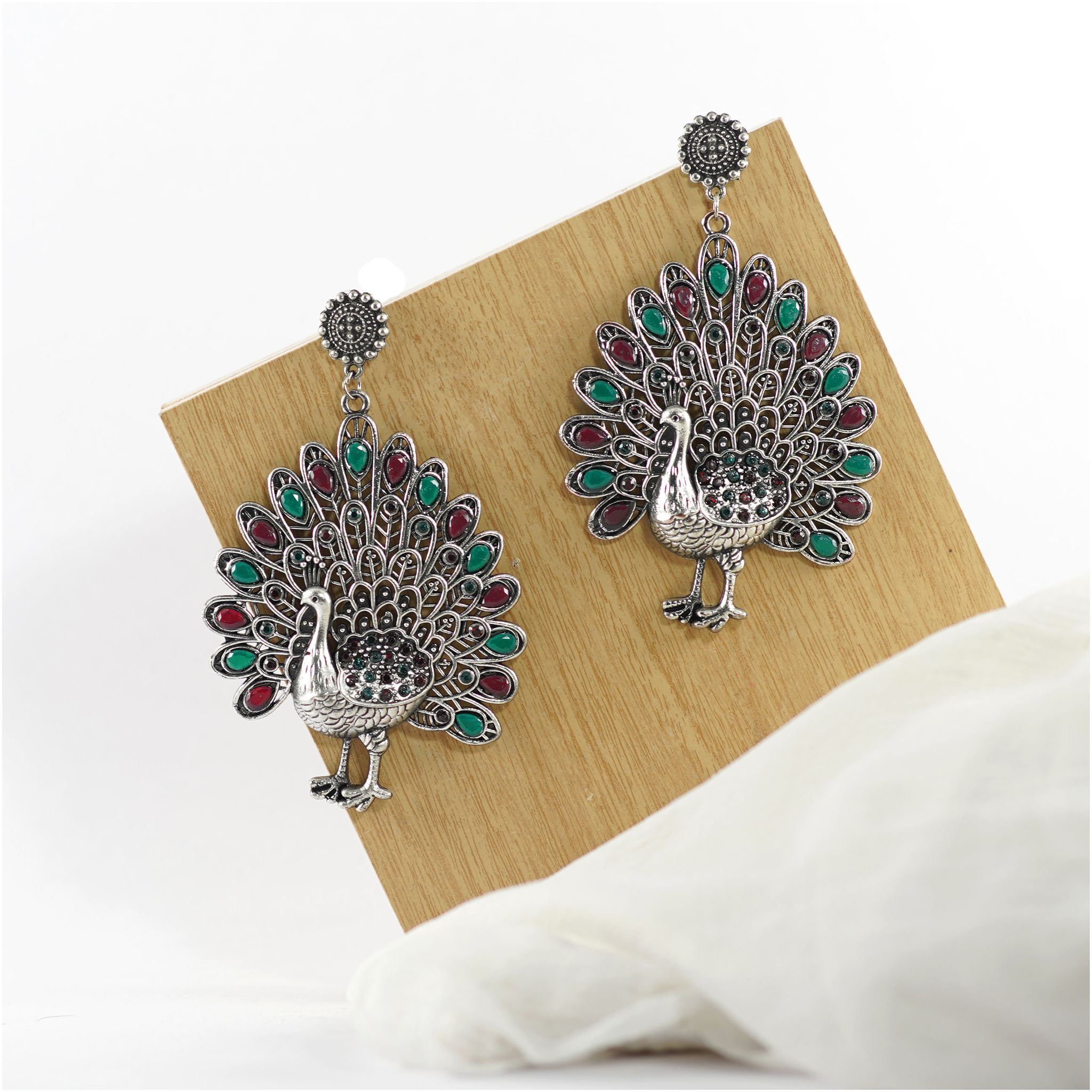 Neeara Fashion's Handcrafted Multicolor peacock  Motif Silver Oxidised  Vintage Stone Studded-Inspired Earrings