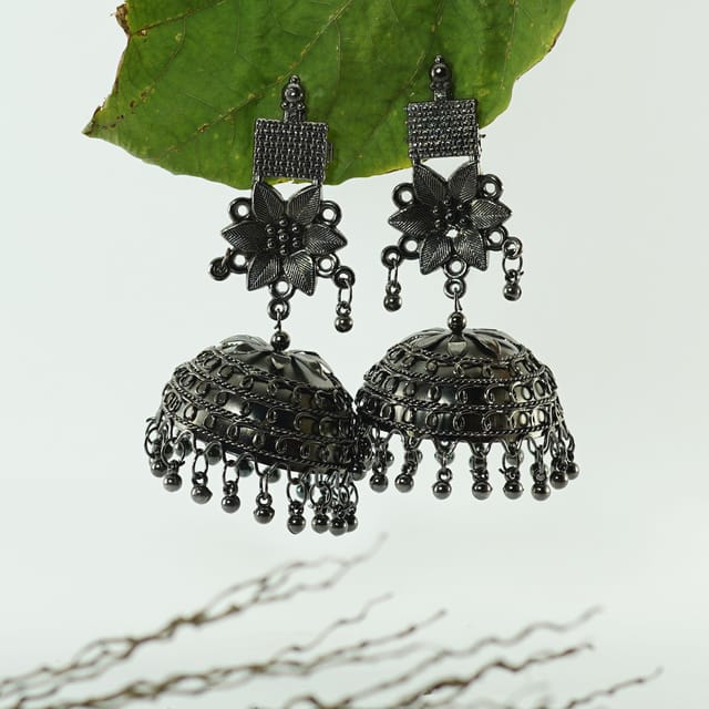 Geena oxidised golden color guchha jhumka with black moti – Aadhya