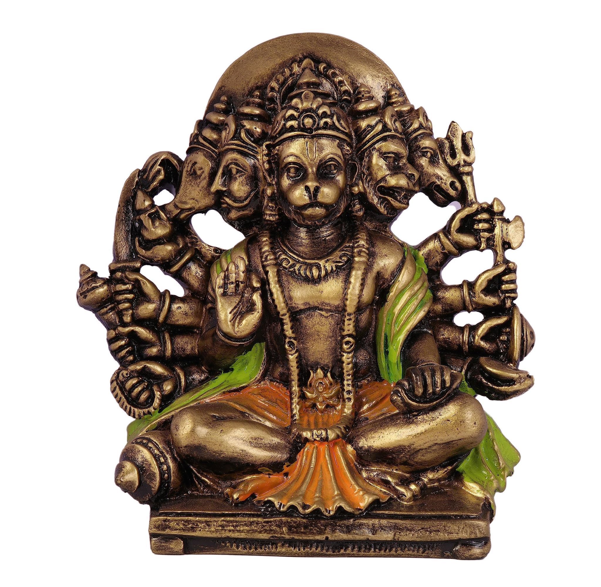 COPPERHOARD Multi Gold Colour Resin Panchmukhi Hanuman Murti Vintage Statue for Home Temple-PMH-01