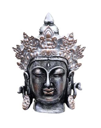 COPPERHOARD Antique Silver Resin Tara Devi  Goddess Tara Meditating Buddha Head Statue with Beautiful Smile and Crown for Home Decor and Gifting.