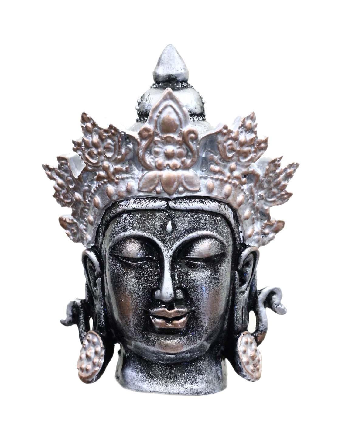 COPPERHOARD Antique Silver Resin Tara Devi  Goddess Tara Meditating Buddha Head Statue with Beautiful Smile and Crown for Home Decor and Gifting.