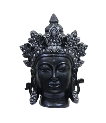 COPPERHOARD Black Silver Resin Tara Devi  Goddess Tara Meditating Buddha Head Statue with Beautiful Smile and Crown for Home Decor and Gifting.
