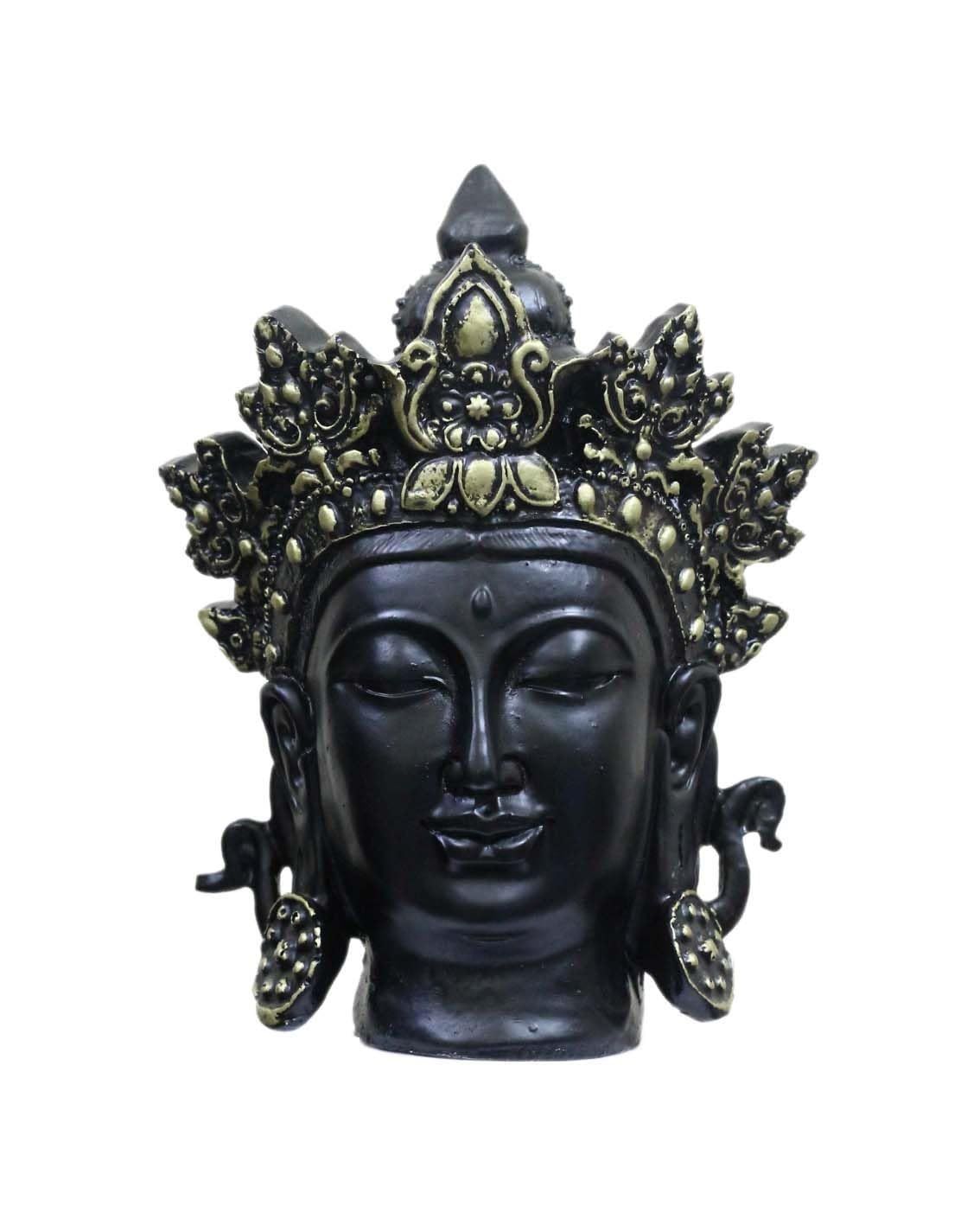 COPPERHOARD Black Gold Resin  Tara Devi  Goddess Tara Meditating Buddha Head Statue with Beautiful Smile and Crown for Home Decor and Gifting.