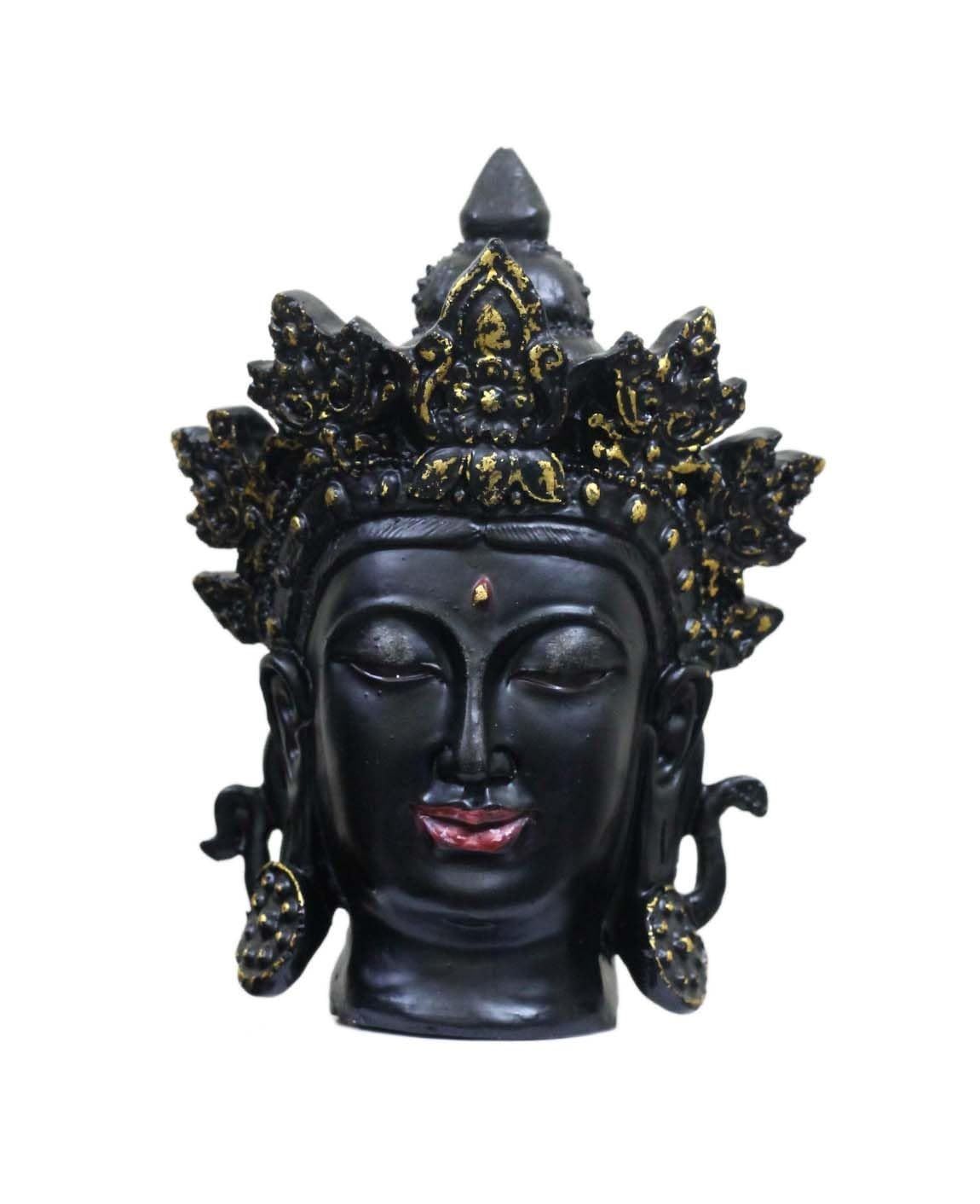 COPPERHOARD Black Gold Resin  Tara Devi  Goddess Tara Meditating Buddha Head Statue with Beautiful Smile and Crown for Home Decor and Gifting.