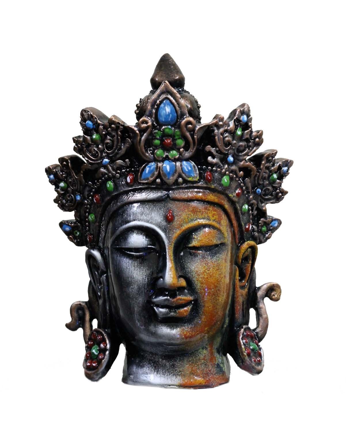 COPPERHOARD Antique Art Multicoloured  Tara Devi  Goddess Tara Resin Meditating Buddha Head Statue with Beautiful Smile and Crown for Home Decor and Gifting.