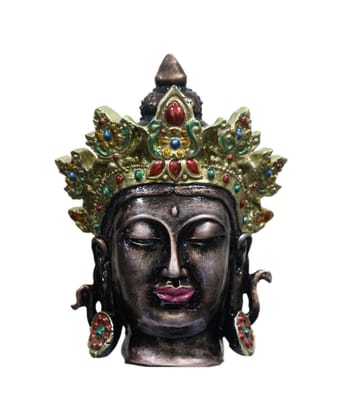 COPPERHOARD Brown Multicoloured Resin  Tara Devi  Goddess Tara Meditating Buddha Head Statue with Beautiful Smile and Crown for Home Decor and Gifting.