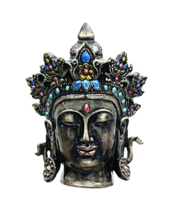 COPPERHOARD Antique Multicoloured Resin  Tara Devi  Goddess Tara Meditating Buddha Head Statue with Beautiful Smile and Crown for Home Decor and Gifting.