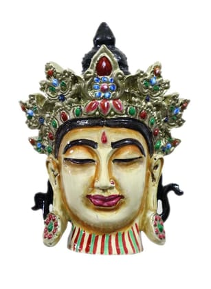 COPPERHOARD Beige Multicoloured Resin  Tara Devi  Goddess Tara Meditating Buddha Head Statue with Beautiful Smile and Crown for Home Decor and Gifting.