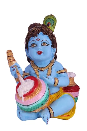 COPPERHOARD Blue Colour Resin Bal Gopal Hand Crafted Maakhan Chor Baby Krishna with Maakhan Pot Hindu God and Goddess Idol