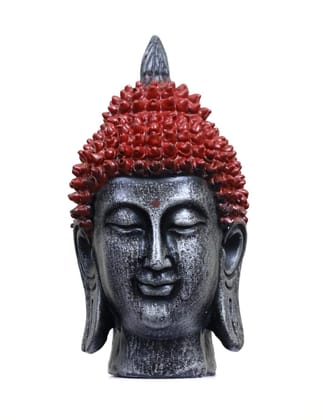 COPPERHOARD Modern Grey Red Resin Meditating Buddha Head Statue with Beautiful Smile for Home Temple and as Showpiece.