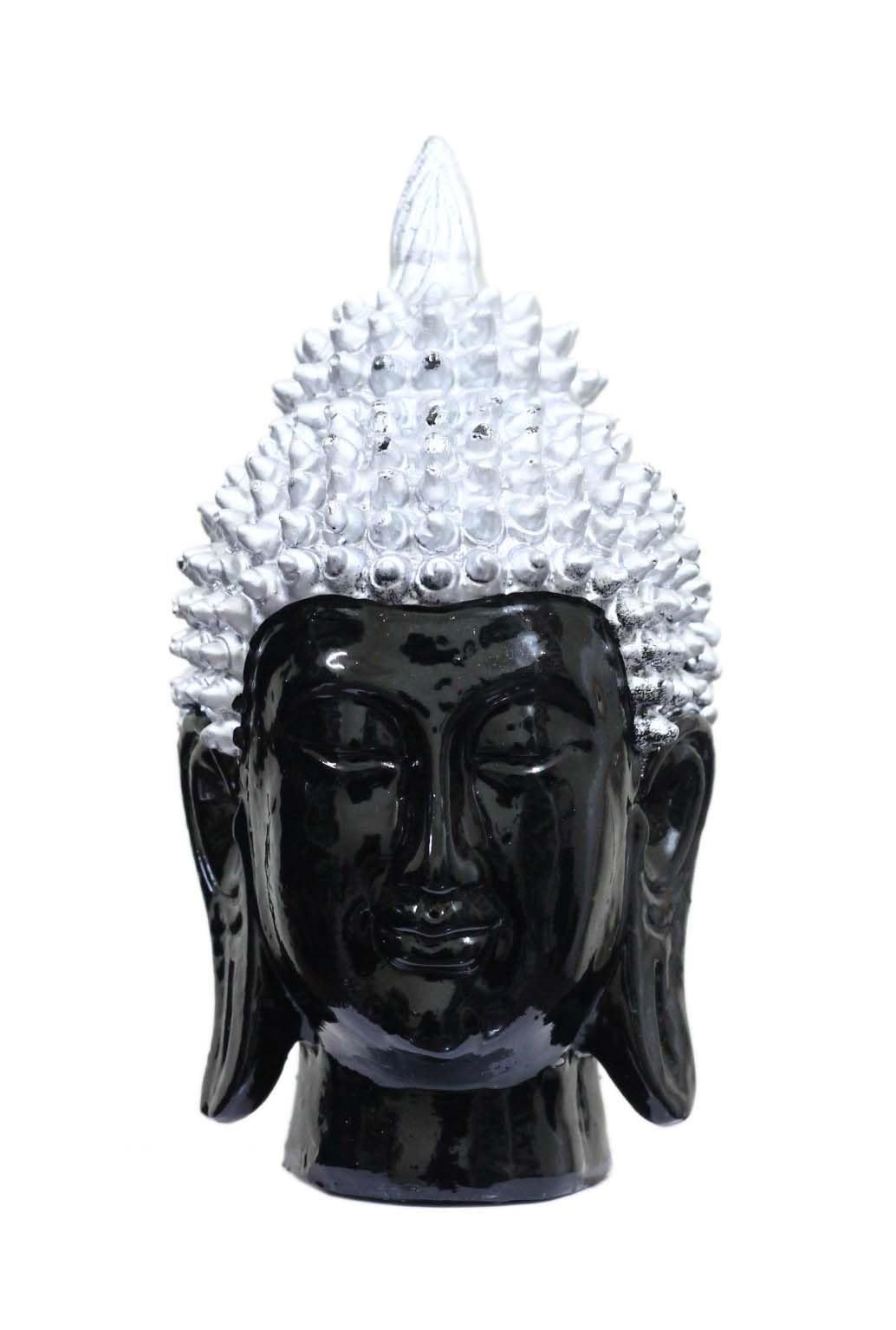 COPPERHOARD Silver Black Resin Meditating Buddha Head Statue with Beautiful Smile for Home Temple and Showpiece.