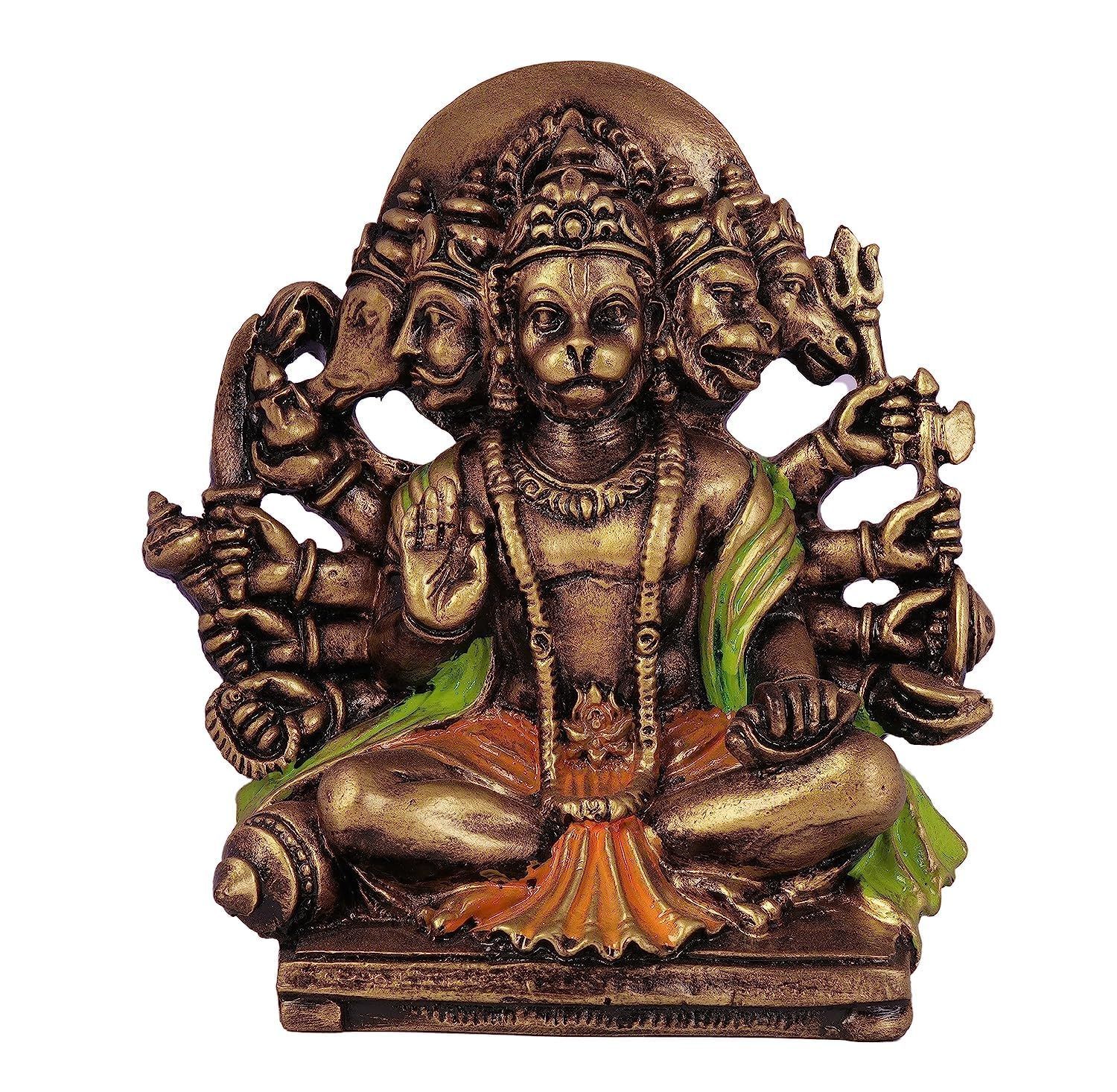 COPPERHOARD Multi Gold Colour Resin Panchmukhi Hanuman Murti Vintage Statue for Home Temple