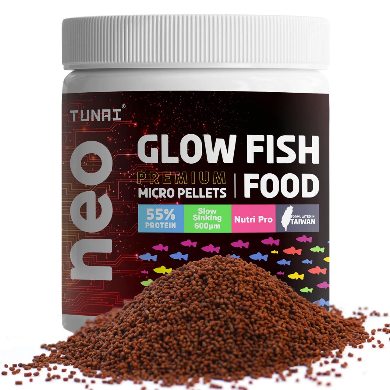 Tunai Glow Widow Fish Food | 40g | 55% Protein for Strong Tissue Growth| 600 Microns Slow Sinking Aquarium Guppy Food (40g - 600 microns Granules)