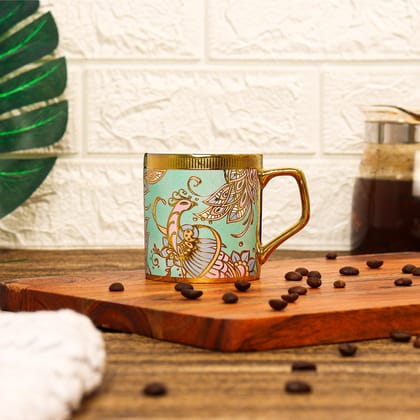 Femora Ceramic Wandering Peacock Tea Mugs, Ceramic Tea Cups, Coffee Mugs (180 ml, Golden) - 6 Pcs Set