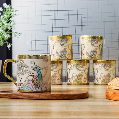 Femora Ceramic Wandering Peacock Gold Tea Mugs, Ceramic Tea Cups, Coffee Mugs (180 ml, Golden) - 6 Pcs Set