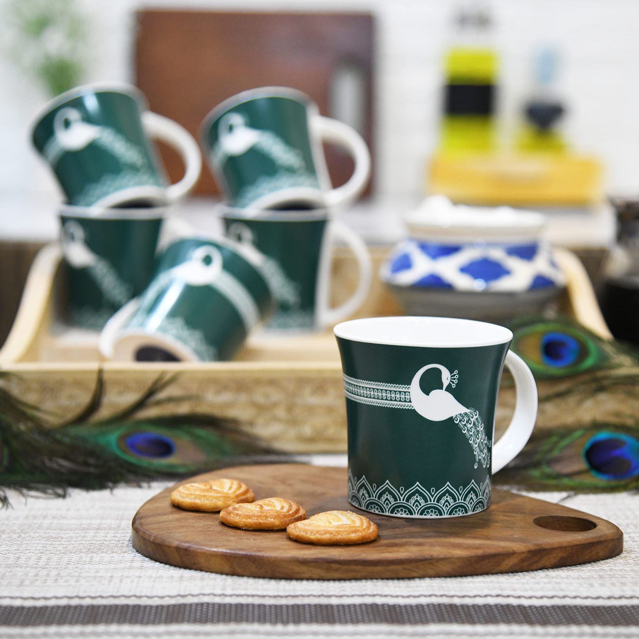 Femora Turquoise Royal Peacock Design Tea Cups, Ceramic Tea Cups, Coffee Mugs (160 ml) - 6 Pcs Set (Green)