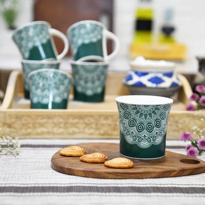 Femora Turquoise Lavish Mandala Design Tea Cups, Ceramic Tea Cups, Coffee Mugs (160 ml) - 6 Pcs Set (Green)