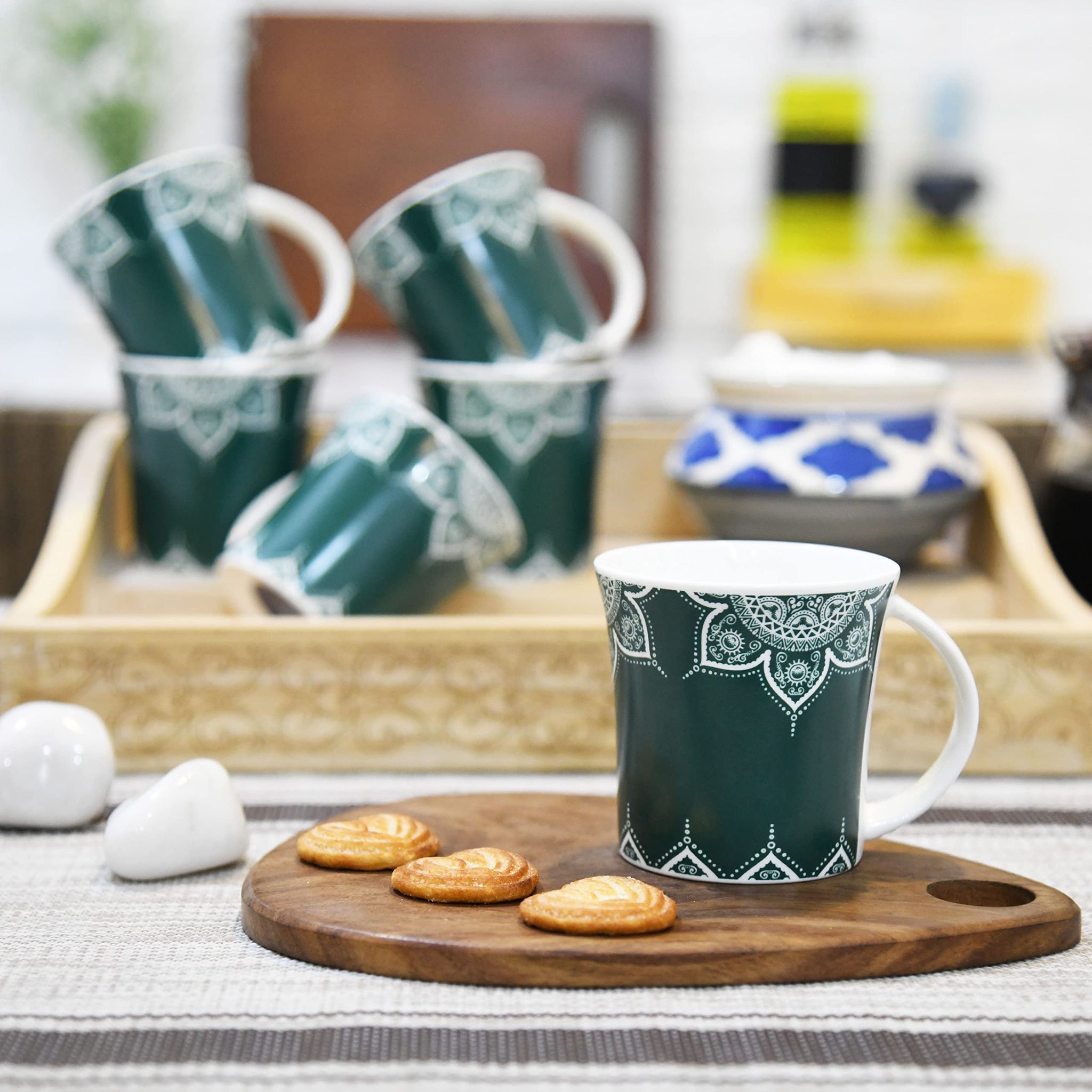 Femora Turquoise Green Cosmic Mehendi Tea Cups, Ceramic Tea Cups, Coffee Mugs (160 ml) - 6 Pcs Set (Green)