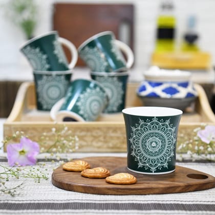 Femora Turquoise Eternal Circle Tea Cups, Ceramic Tea Cups, Coffee Mugs (160 ml) - 6 Pcs Set (Green)