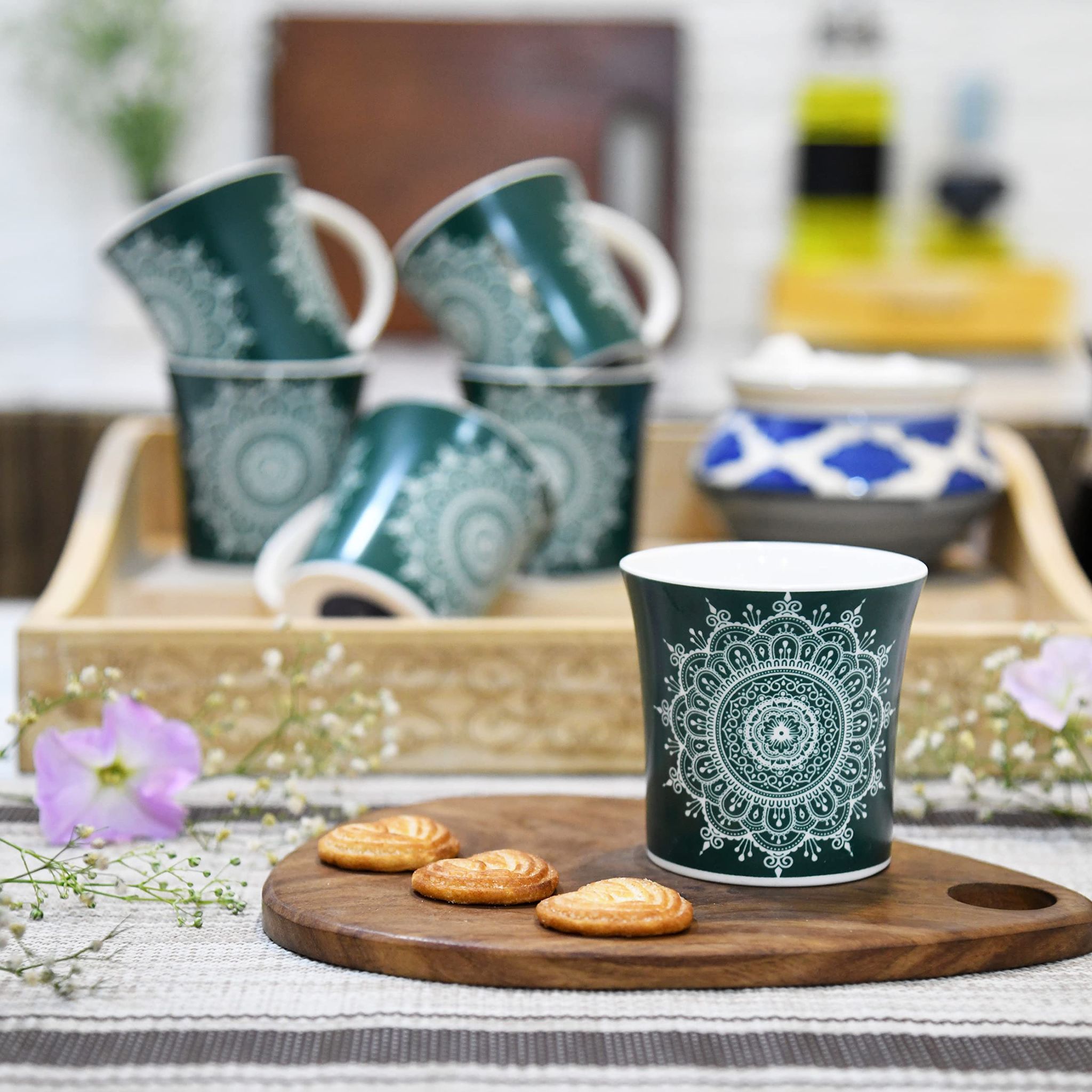 Femora Turquoise Eternal Circle Tea Cups, Ceramic Tea Cups, Coffee Mugs (160 ml) - 6 Pcs Set (Green)