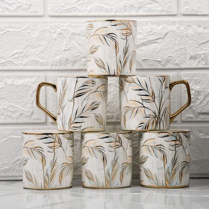 Femora Pastel Tropical Leaves Tea Mugs, Ceramic Tea Cups, Coffee Mugs (180 ml) - 6 Pcs Set