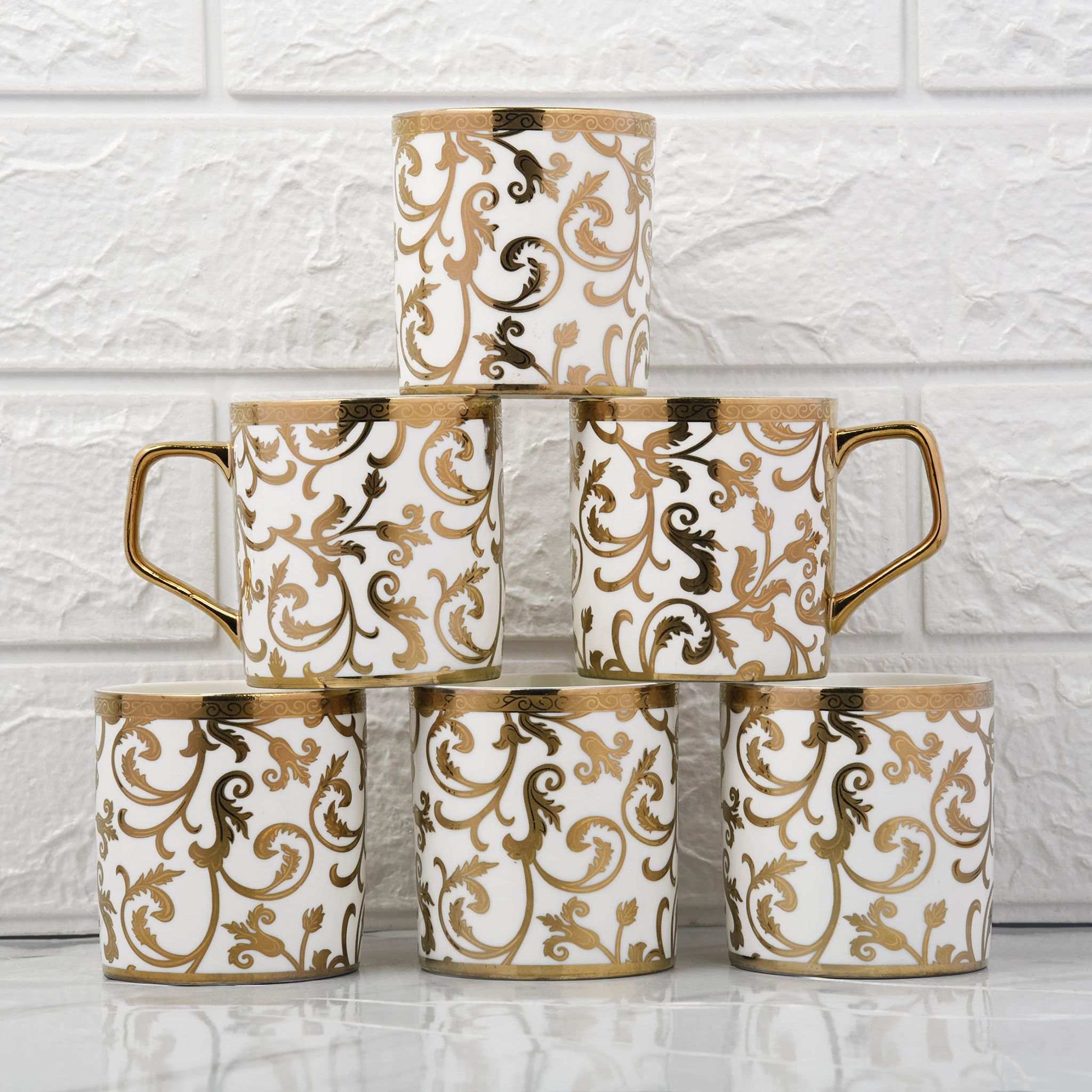 Femora Gloden Floral Motif Pattern Golden Tea Mugs, Ceramic Tea Cups, Coffee Mugs (180 ml, Golden) - 6 Pcs Set