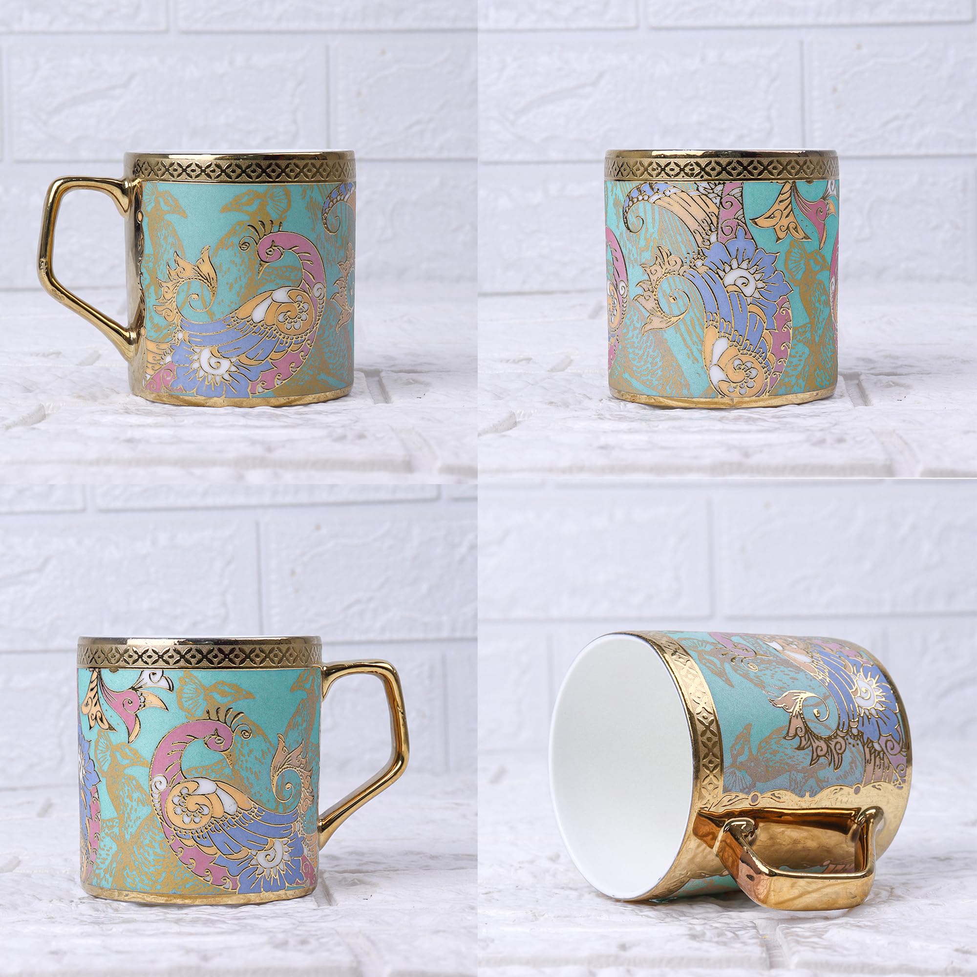 Femora Ceramic Leaf Peacock Green Tea Mugs, Ceramic Tea Cups, Coffee Mugs (180 ml, Golden) - 6 Pcs Set