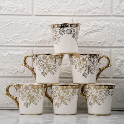 Femora Gold Floral Buds Leaves Tea Mugs, Ceramic Tea Cups, Coffee Mugs (160 ml) - 6 Pcs Set