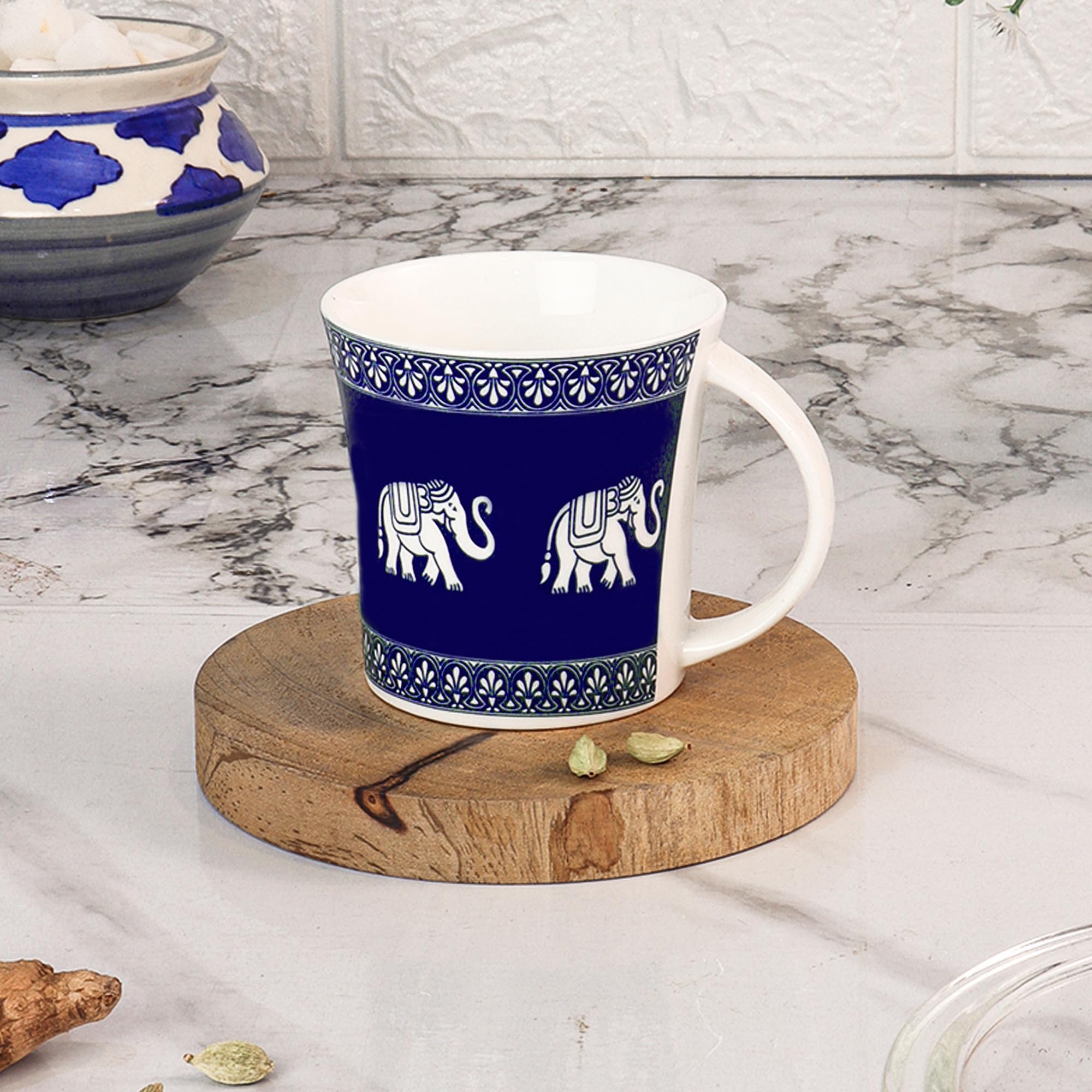 Femora Elephant Parade Pattern Tea Cups, Ceramic Tea Cups, Coffee Mugs (160 ml) - 6 Pcs Set (Blue)