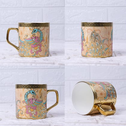 Femora Ceramic Peacock Heaven Gold Tea Mugs, Ceramic Tea Cups, Coffee Mugs (180 ml, Golden) - 6 Pcs Set