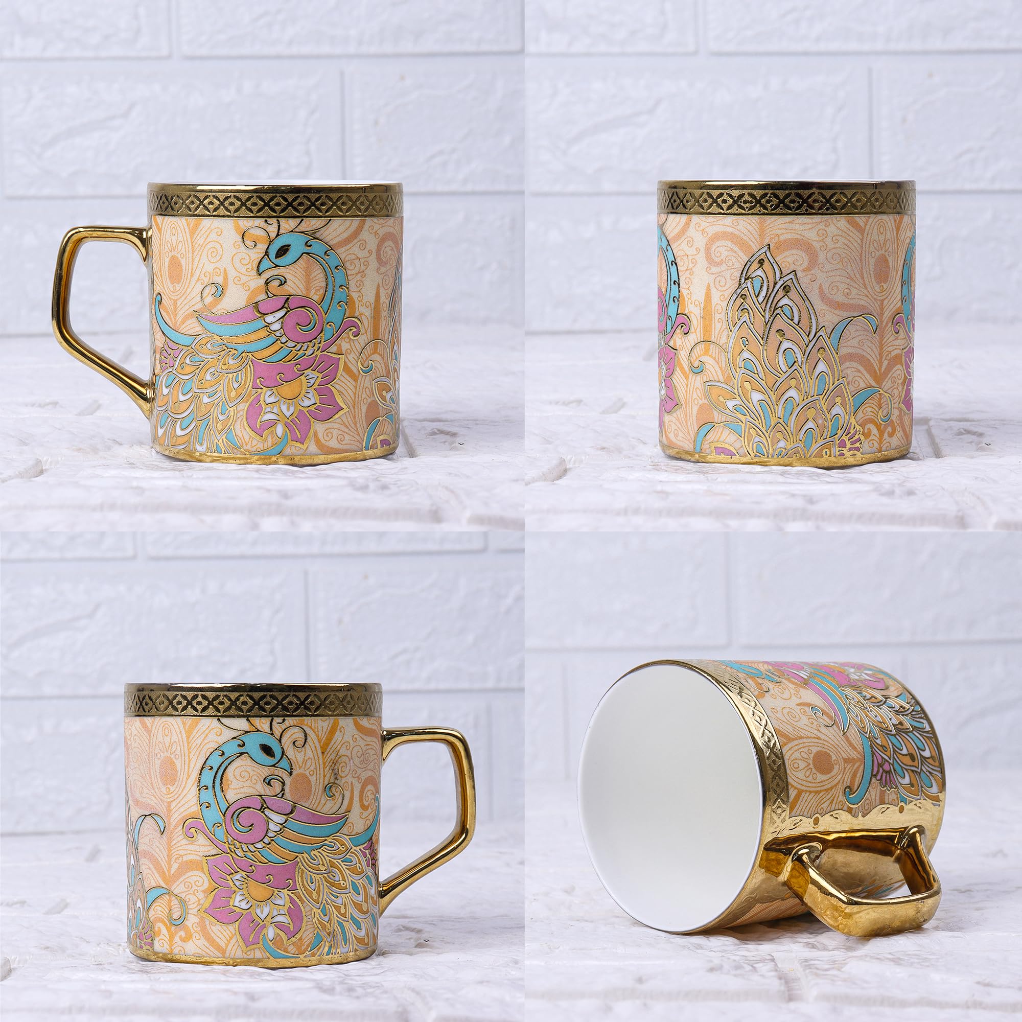 Femora Ceramic Peacock Heaven Gold Tea Mugs, Ceramic Tea Cups, Coffee Mugs (180 ml, Golden) - 6 Pcs Set