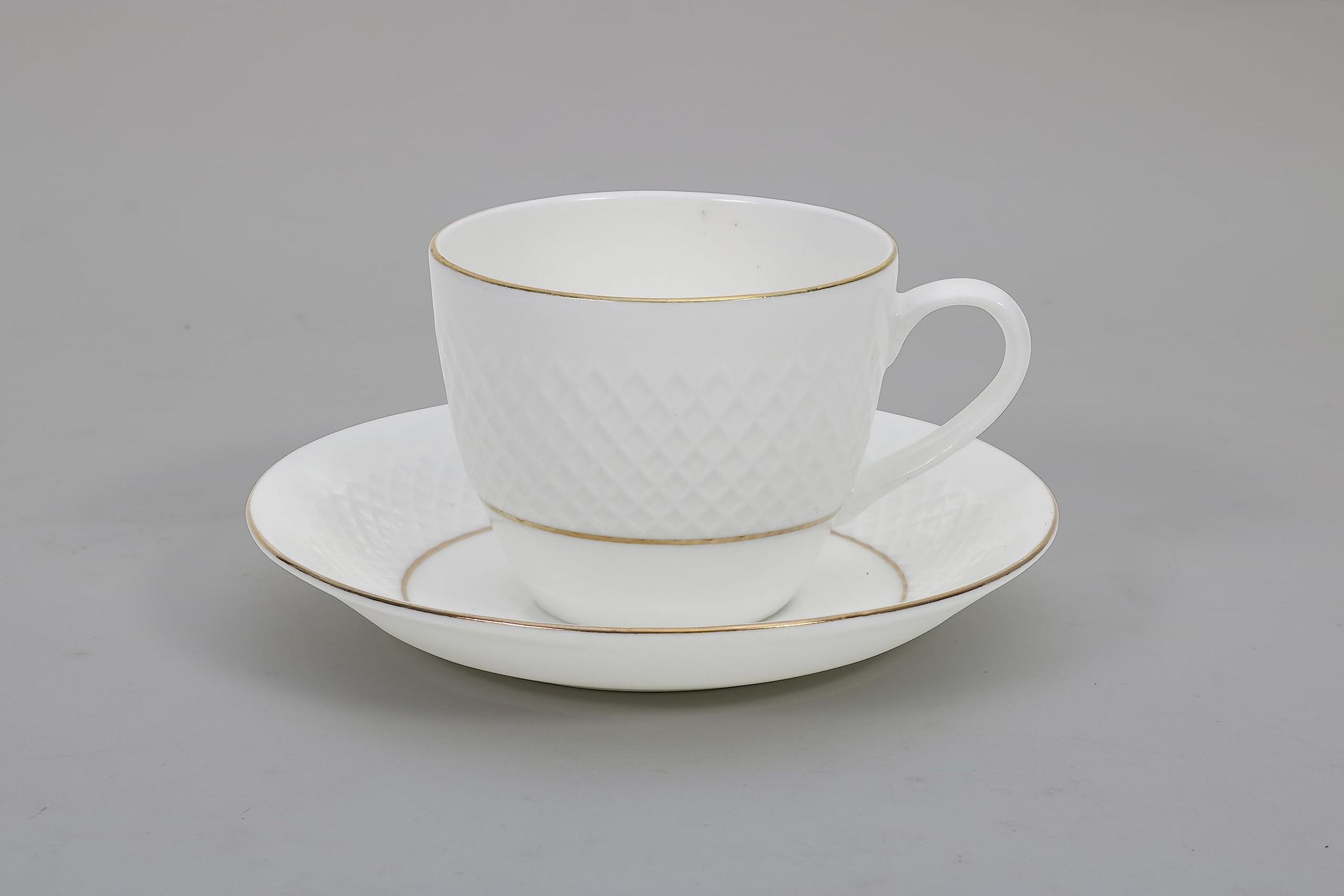 Femora Indian Ceramic Double Gold Line Diamond Cut White Tea Cups, Mugs and Saucer-200 ml - Set of 6 (6 Cups, 6 Saucer)