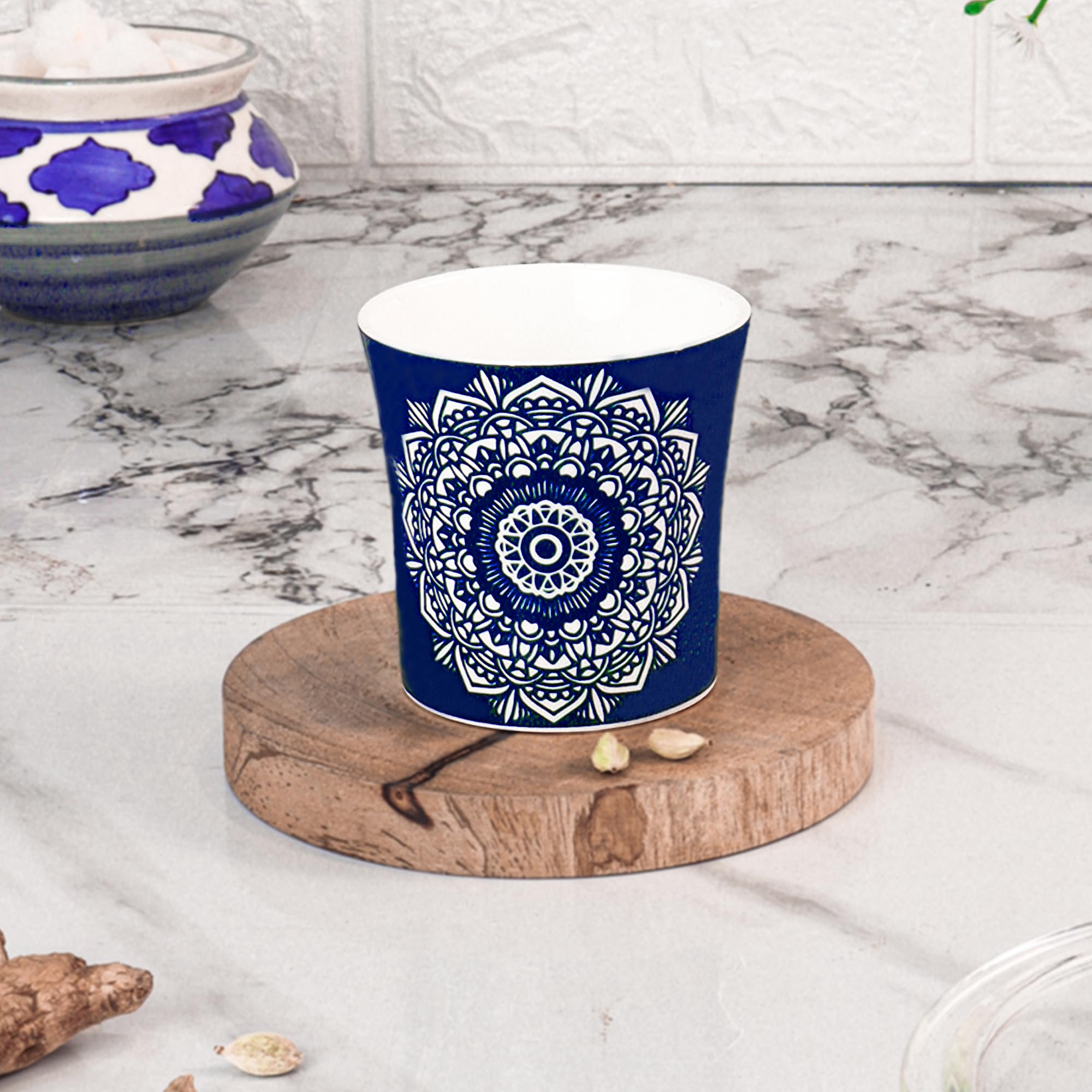 Femora Abstract Lotus Pattern Tea Cups, Ceramic Tea Cups, Coffee Mugs (160 ml) - 6 Pcs Set (Blue)