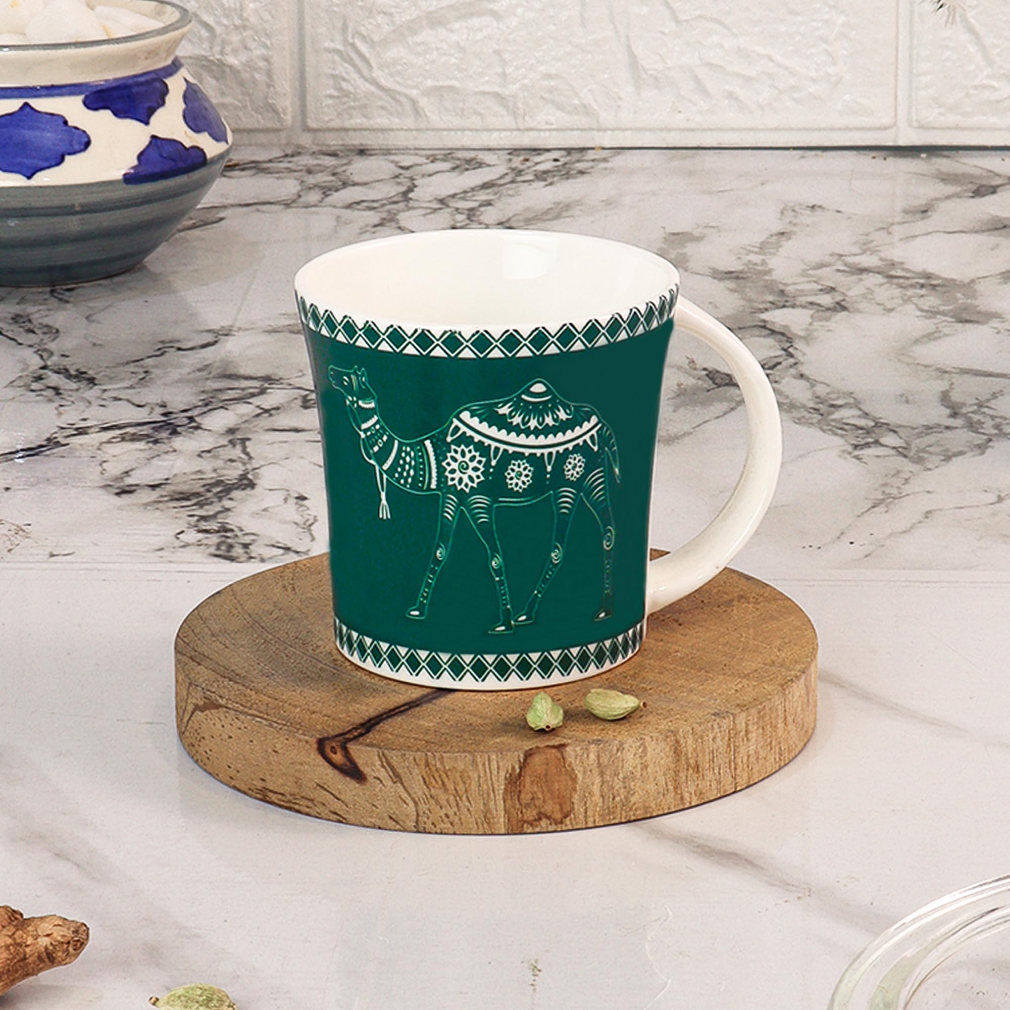 Femora Decorative Camels Pattern Tea Cups, Ceramic Tea Cups, Coffee Mugs (160 ml) - 6 Pcs Set (Green)