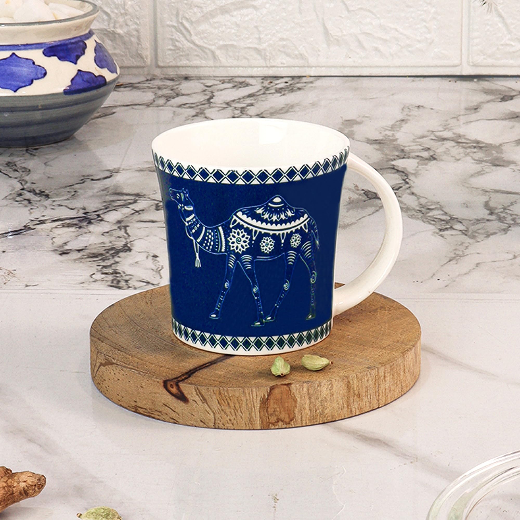 Femora Decorative Camels Pattern Tea Cups, Ceramic Tea Cups, Coffee Mugs (160 ml) - 6 Pcs Set (Blue)