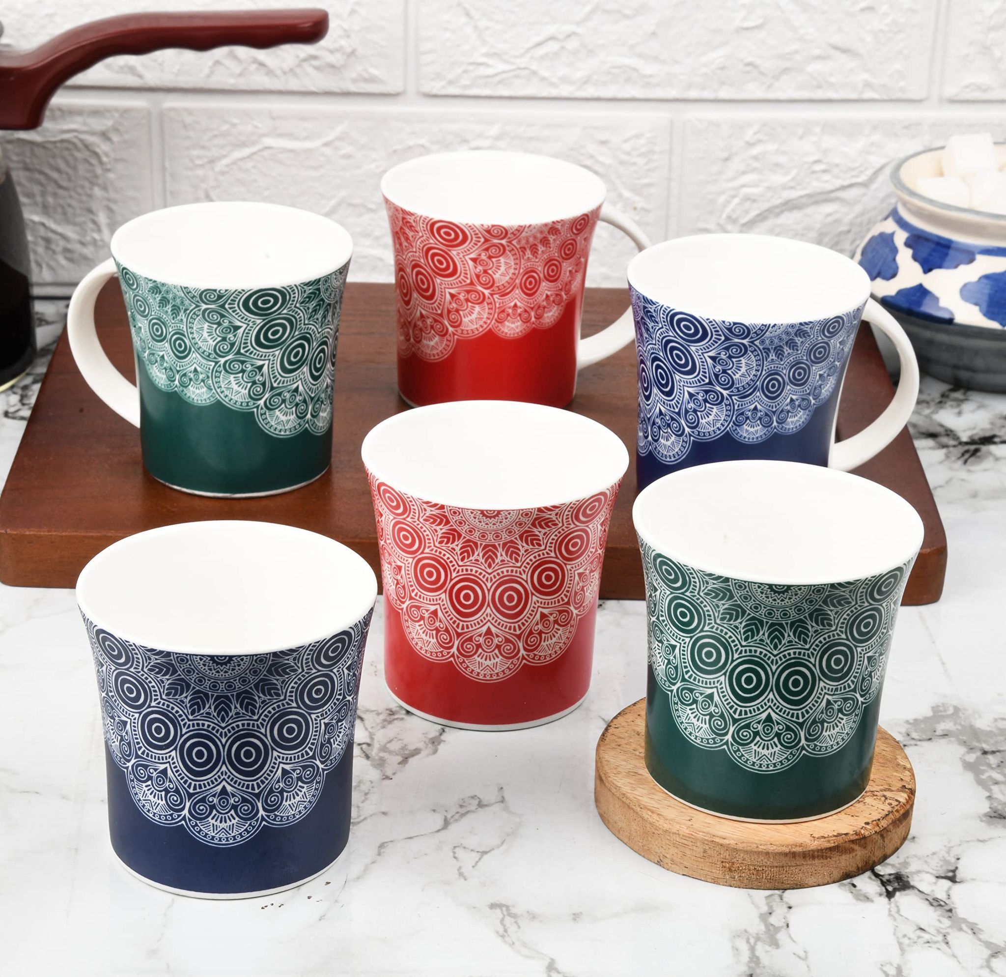 Femora Lavish Mandala Tea Cups, Ceramic Tea Cups, Coffee Mugs (160 ml) - 6 Pcs Set (Blue,Red,Green)