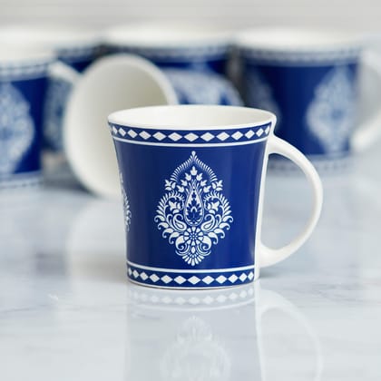 Femora Indian Ceramic Handmade Blue Block Print Tea Cup - 6 pcs, 160 ML - Small Serving