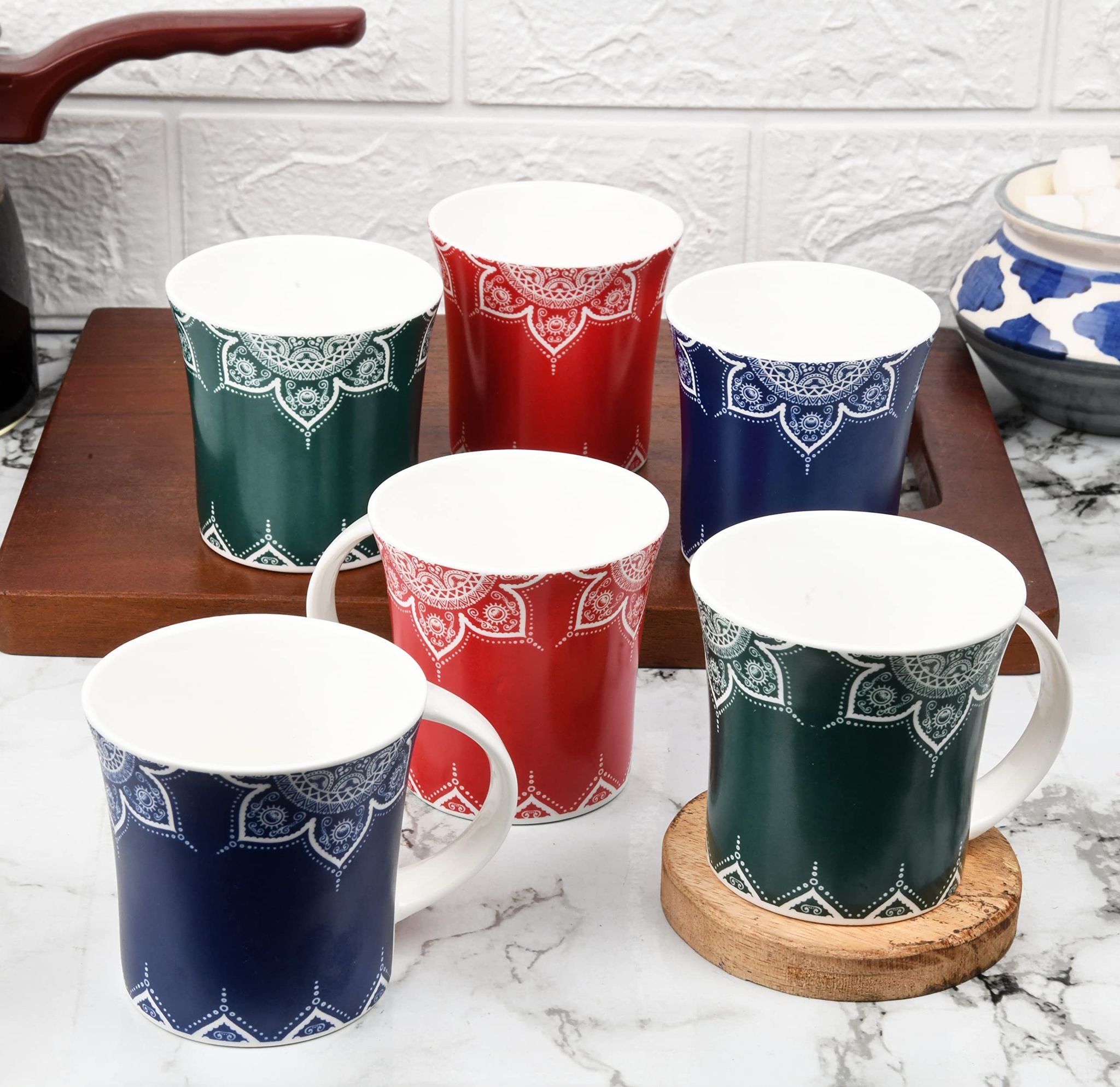 Femora Cosmic Mehendi Tea Cups, Ceramic Tea Cups, Coffee Mugs (160 ml) - 6 Pcs Set (Blue,Red,Green)