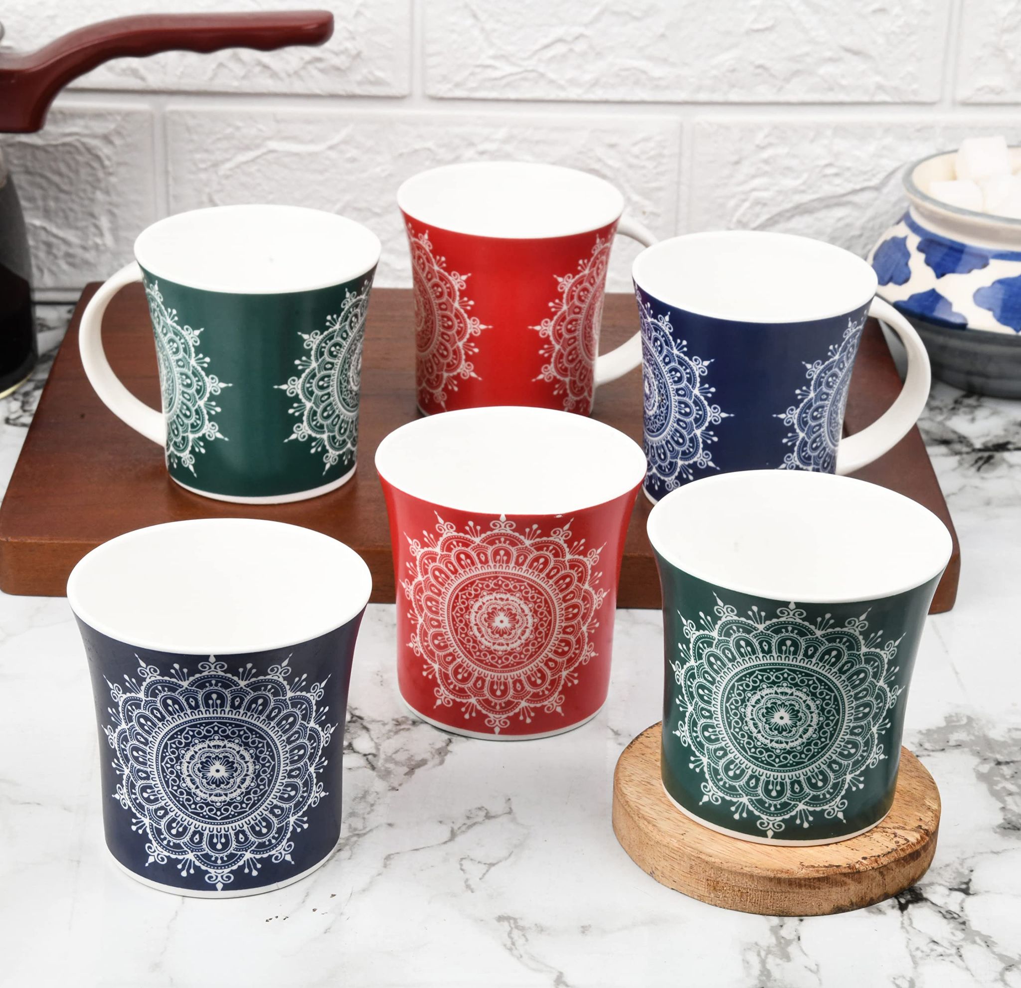 Femora Eternal Circle Tea Cups, Ceramic Tea Cups, Coffee Mugs (160 ml) - 6 Pcs Set (Blue,Red,Green)