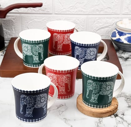 Femora Majestic Elephant Tea Cups, Ceramic Tea Cups, Coffee Mugs (160 ml) - 6 Pcs Set (Blue,Red,Green)