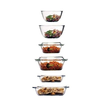 Femora Borosilicate Glass Kitchen Microwate Set (2 Mixing Bowl, 2 Casserole, 1 Square Dish, 1 Rectangular Dish), Medium Size, Transaparent