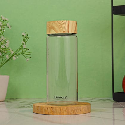 Femora Borosilicate Glass Water Bottle Durability and Elegance Combined, 500ML(4 Pc Set) (Wooden Lid)