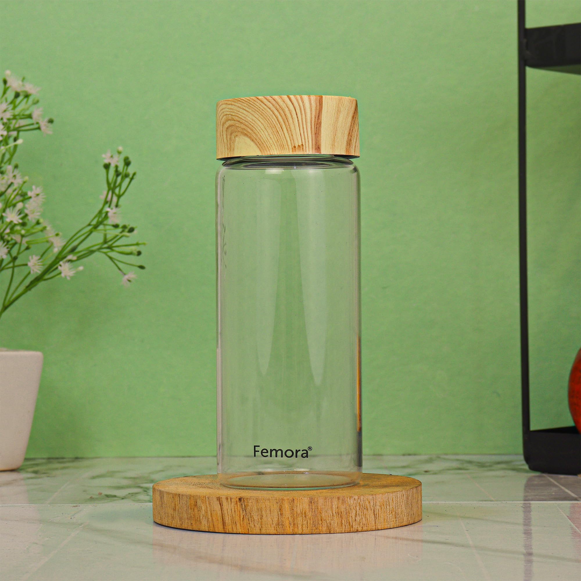 Femora Borosilicate Glass Water Bottle Durability and Elegance Combined, 500ML(4 Pc Set) (Wooden Lid)