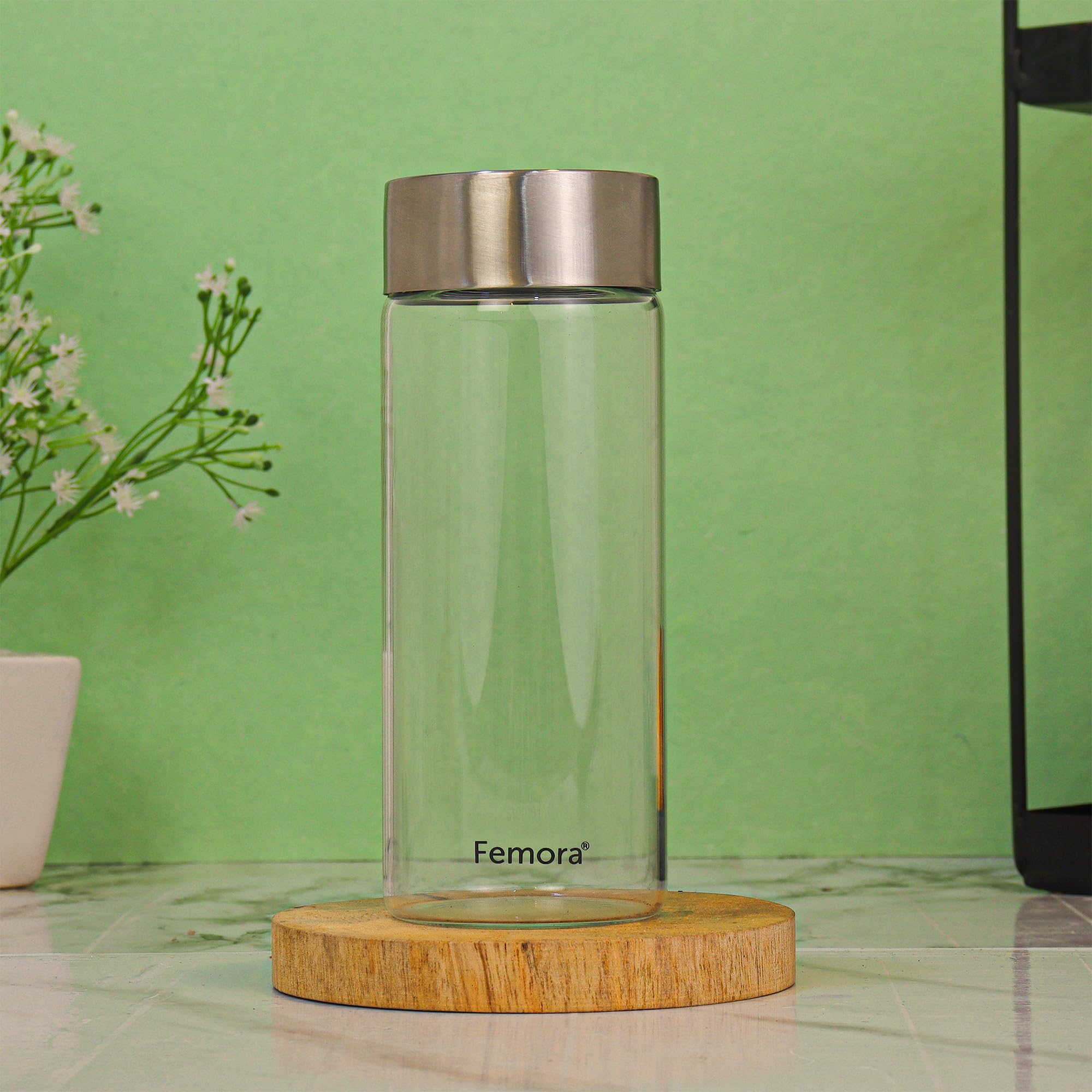 Femora Borosilicate Glass Water Bottle Durability and Elegance Combined, 1000ML(2 Pc Set) (Steel Lid)