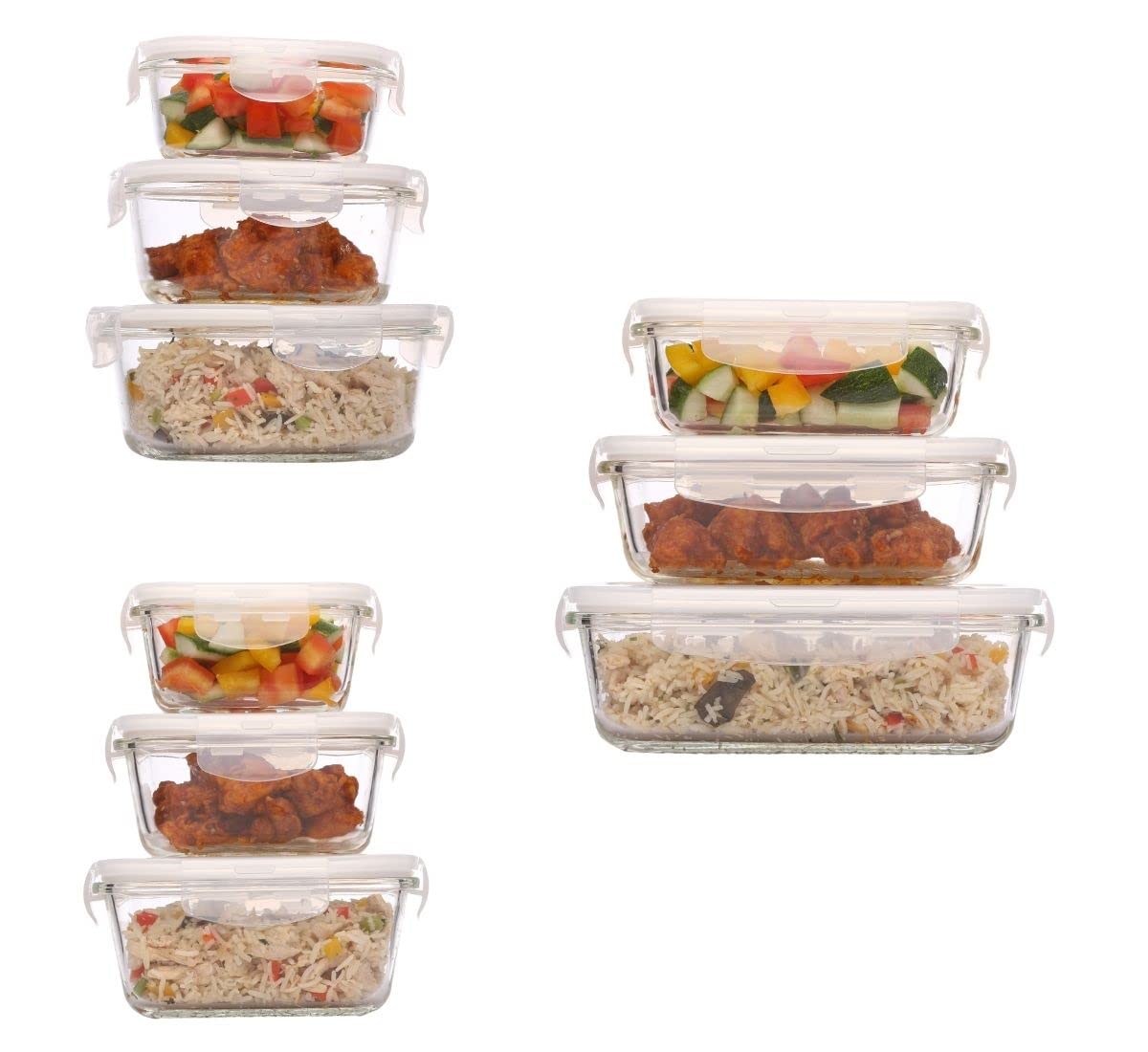 Femora Borosilicate Glass Microwave Safe Food Storage Container with Air Vent Lid, Family Set: Round-380ml, 580ml, 940ml, Square-300ml, 500ml, 800ml, Rectangle-400ml, 620 ml, 1000ml, Set of 9