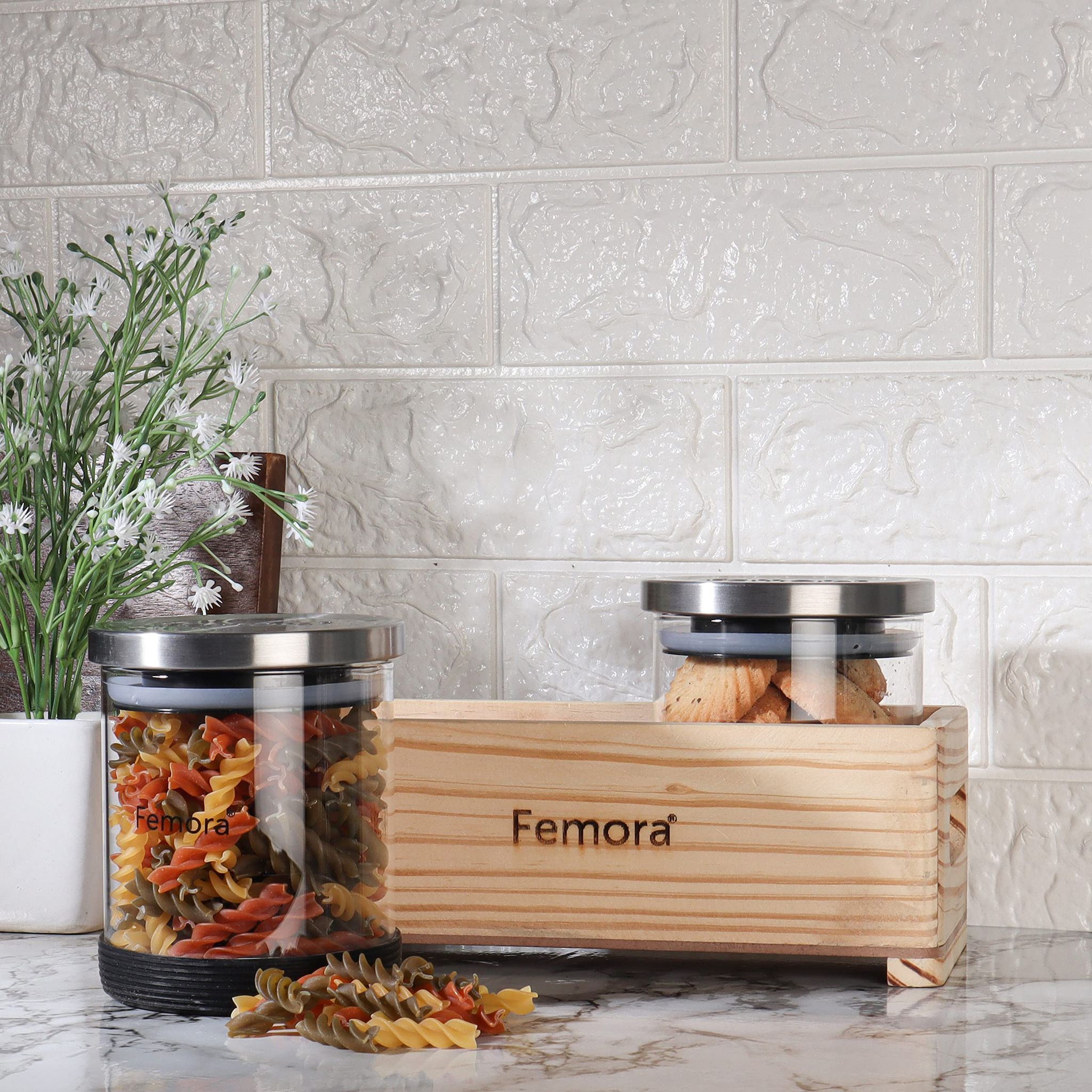 Femora Borosilicate Glass Jar 500 ML, 2 pcs, with Wooden Tray