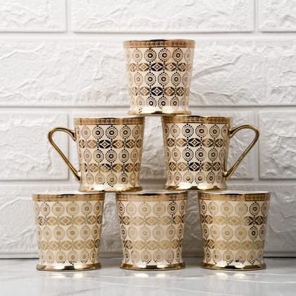 Femora Traditional Circles with Leaves Pattern Golden Tea Mugs, Ceramic Tea Cups, Coffee Mugs (180 ml, Golden) - 6 Pcs Set